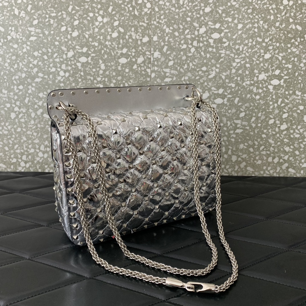 Valentino Garavani Rockstud Spike Medium Chain Bag in Silver Supple Lambskin Nappa